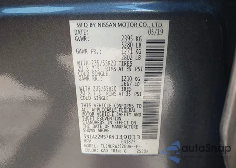 2019 Nissan Murano Sl из США, поврежденный, VIN 5N1AZ2MS7KN139013